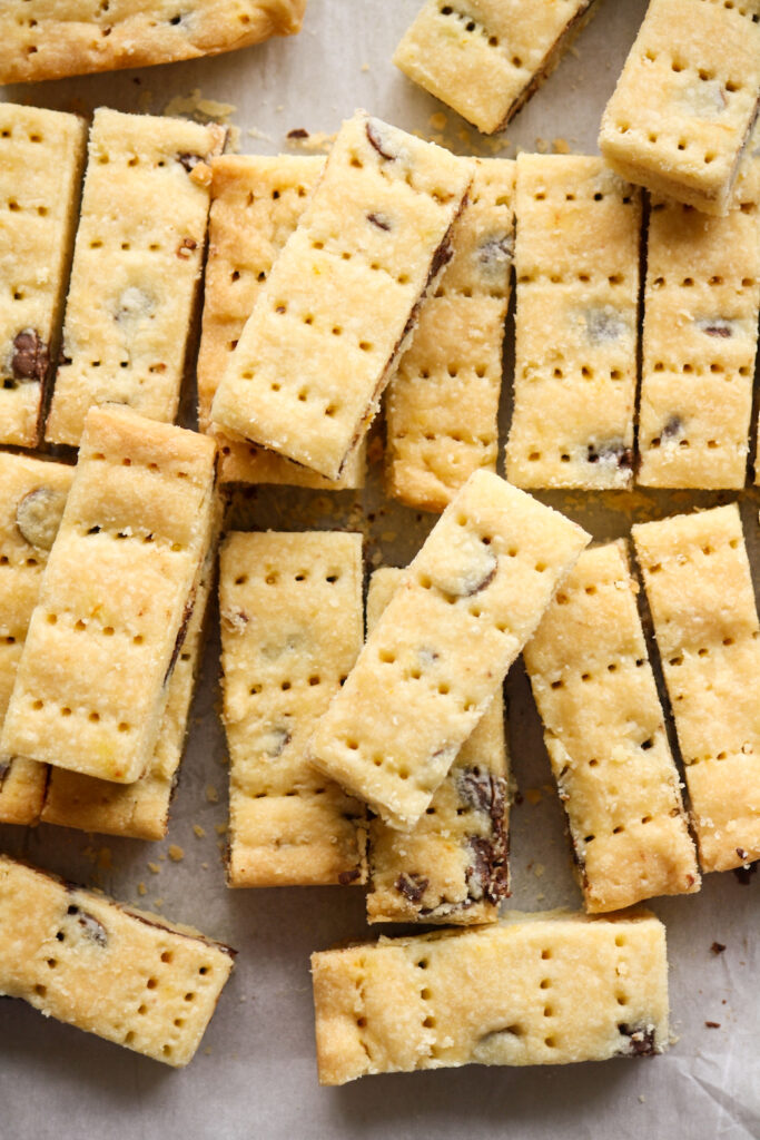 Classic buttery shortbread biscuits with chocolate chips and orange zest