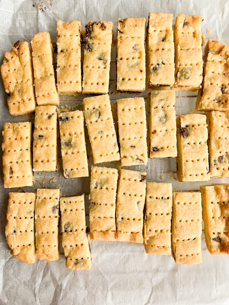 Classic buttery shortbread biscuits with chocolate chips and orange zest