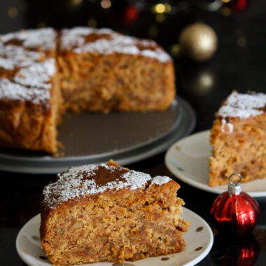 Rich, dense, boozy Christmas cake with dried fruits cooked in beer and rum