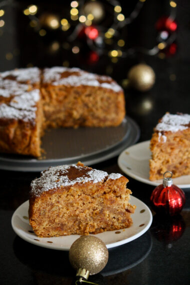 Rich, dense, boozy Christmas cake with dried fruits cooked in beer and rum