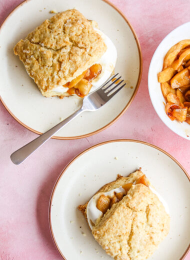 Tender shortbread biscuits with cinnamon whipped cream and caramelised apples