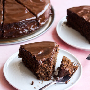 Soft coffee-flavoured chocolate cake with silky coffee ganache