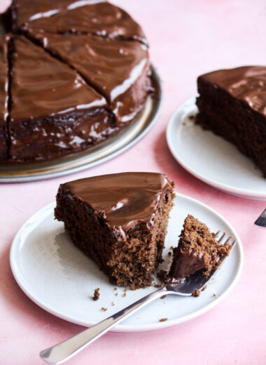 Soft coffee-flavoured chocolate cake with silky coffee ganache