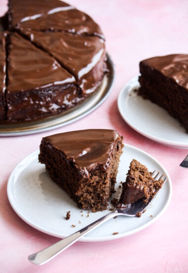 Soft coffee-flavoured chocolate cake with silky coffee ganache