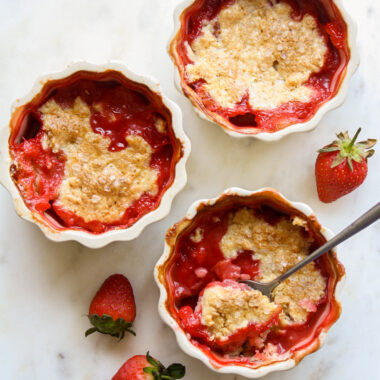 Individual cobblers with jammy strawberries and a tender biscuity topping