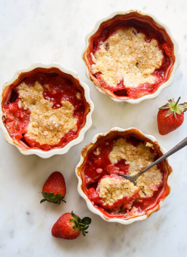 Individual cobblers with jammy strawberries and a tender biscuity topping