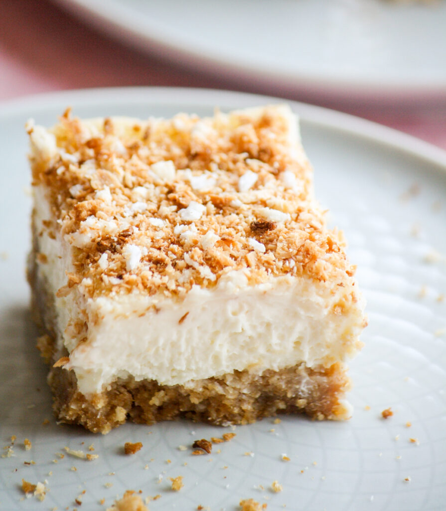 Small-batch baked cheesecake flavoured with coconut cream and shredded coconut!