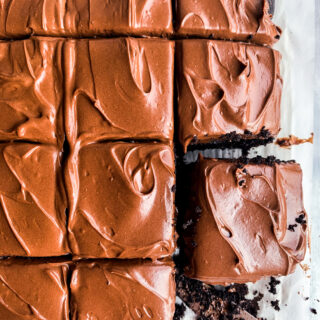 Classic moist, dark chocolate cake with a creamy chocolate frosting!