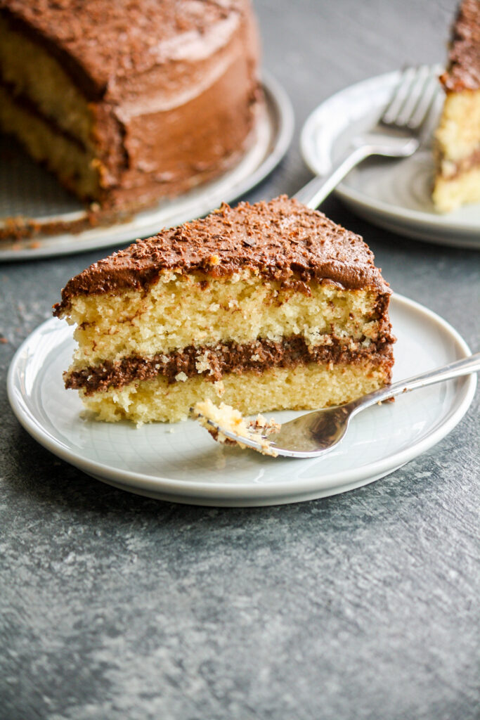 Classic butter cake layered with a rich dark chocolate frosting!