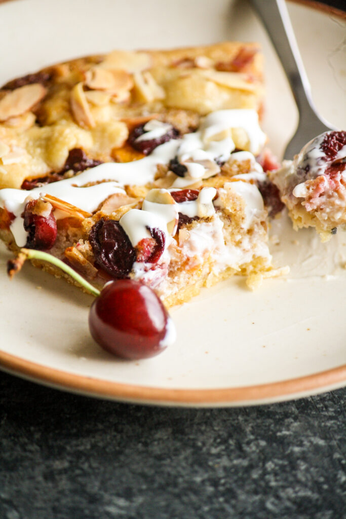 Rustic, flaky free-form pie with peaches, cherries and almond frangipane filling