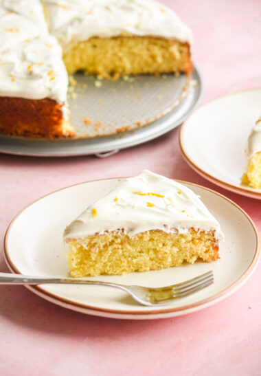 Buttery, citrusy orange cake with a whipped white chocolate and orange ganache frosting