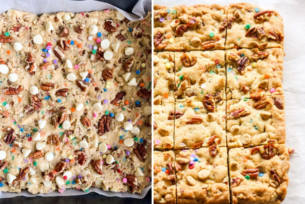 Chewy, buttery cookie bars with toasted pecans, white chocolate chips and rainbow sprinkles!