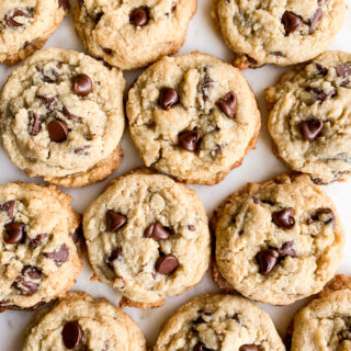 Chewy, buttery chocolate chip cookies with the addition of ground rolled oats!