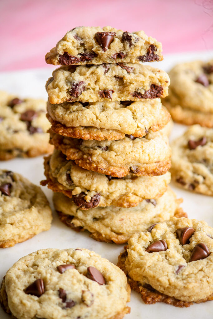 Chewy, buttery chocolate chip cookies with the addition of ground rolled oats!