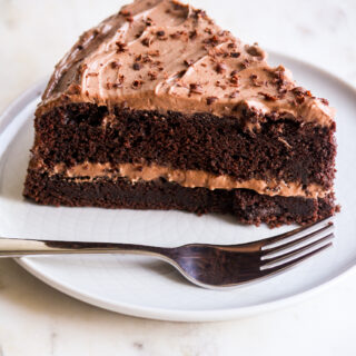 Rich dark chocolate cake with chocolate cream cheese frosting
