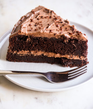 Rich dark chocolate cake with chocolate cream cheese frosting