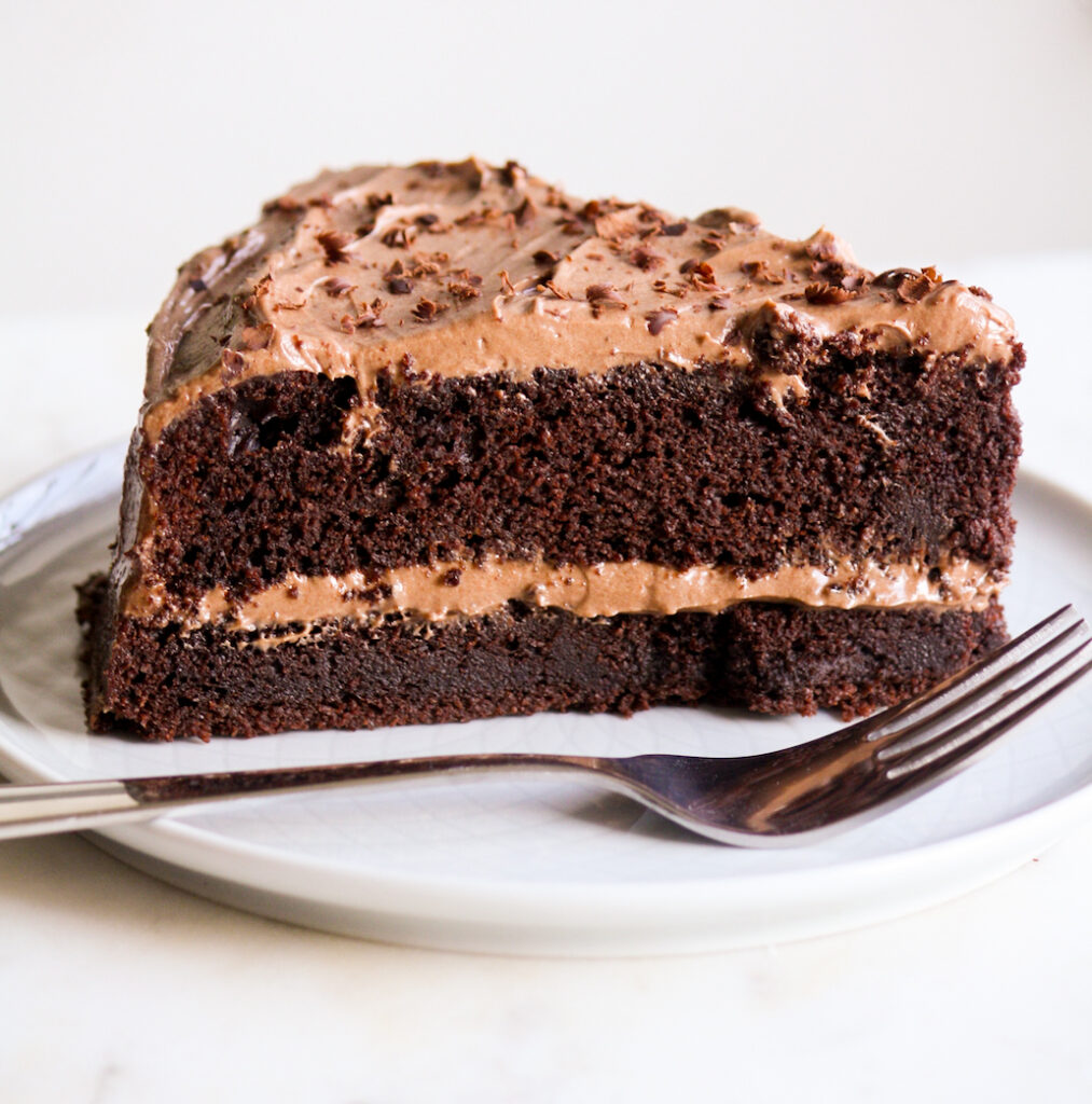 Rich dark chocolate cake with chocolate cream cheese frosting
