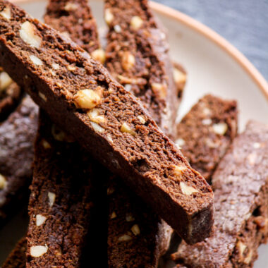 Delicious biscotti made with melted chocolate, cocoa and toasted hazelnuts