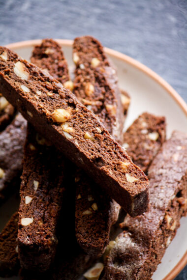 Delicious biscotti made with melted chocolate, cocoa and toasted hazelnuts