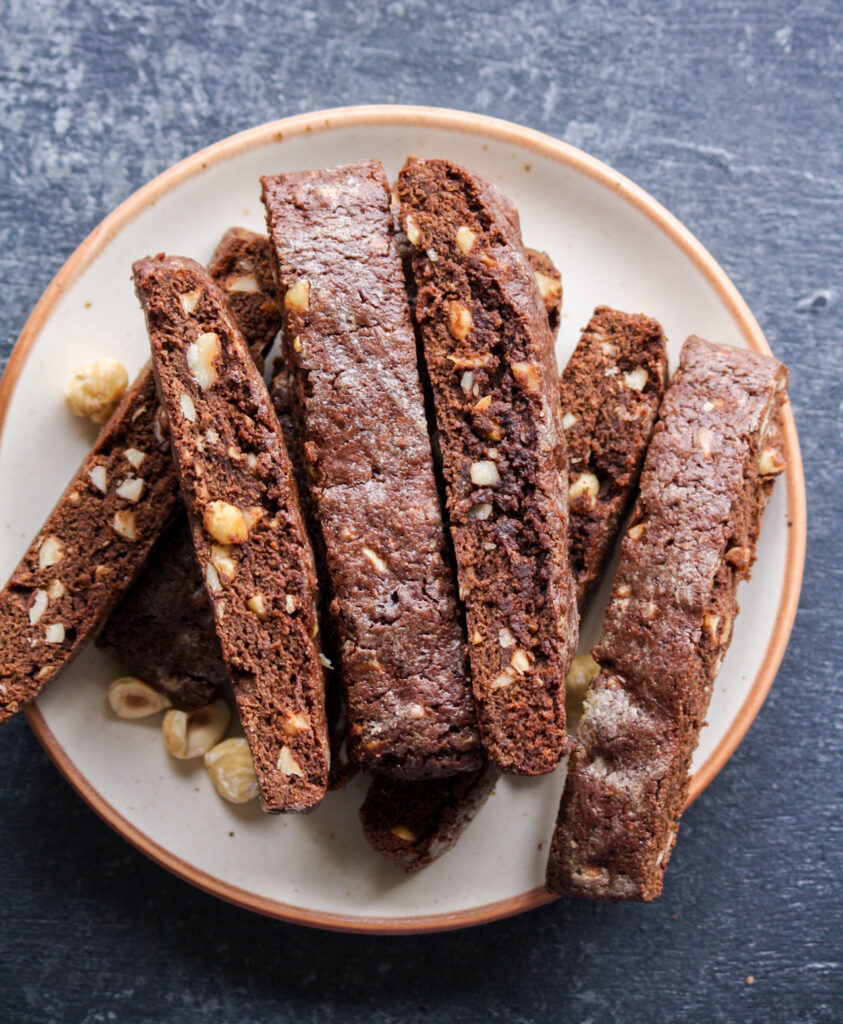 Delicious biscotti made with melted chocolate, cocoa and toasted hazelnuts