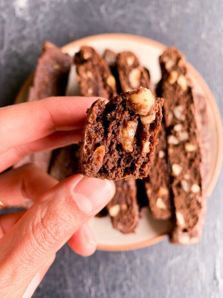 Delicious biscotti made with melted chocolate, cocoa and toasted hazelnuts