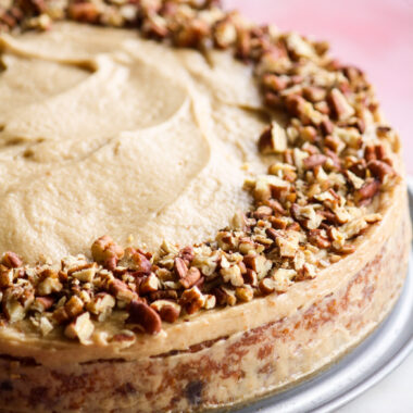 Tender butter cake with toasted pecans, dark chocolate chips and a brown butter toffee frosting