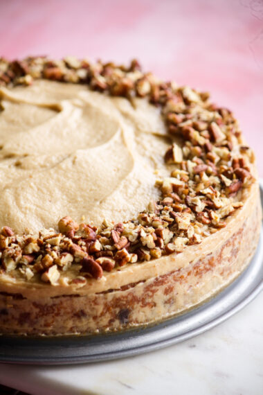 Tender butter cake with toasted pecans, dark chocolate chips and a brown butter toffee frosting