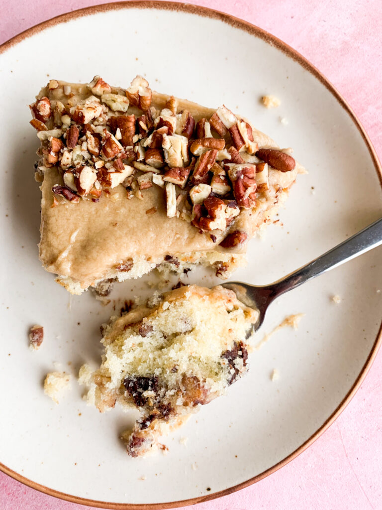 Tender butter cake with toasted pecans, dark chocolate chips and a brown butter toffee frosting