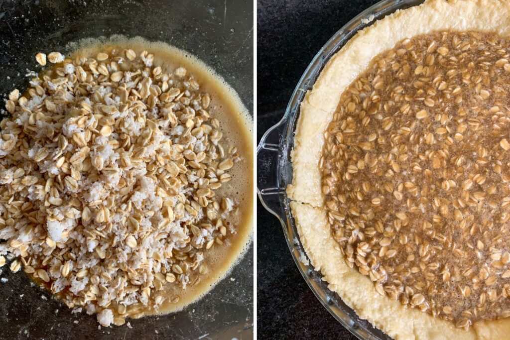 Chewy coconut oat and honey filling in homemade all-butter pie crust