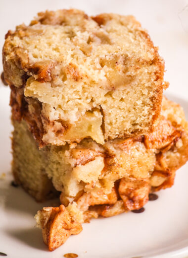 A soft cake layered with apple pieces tossed in cinnamon and sugar