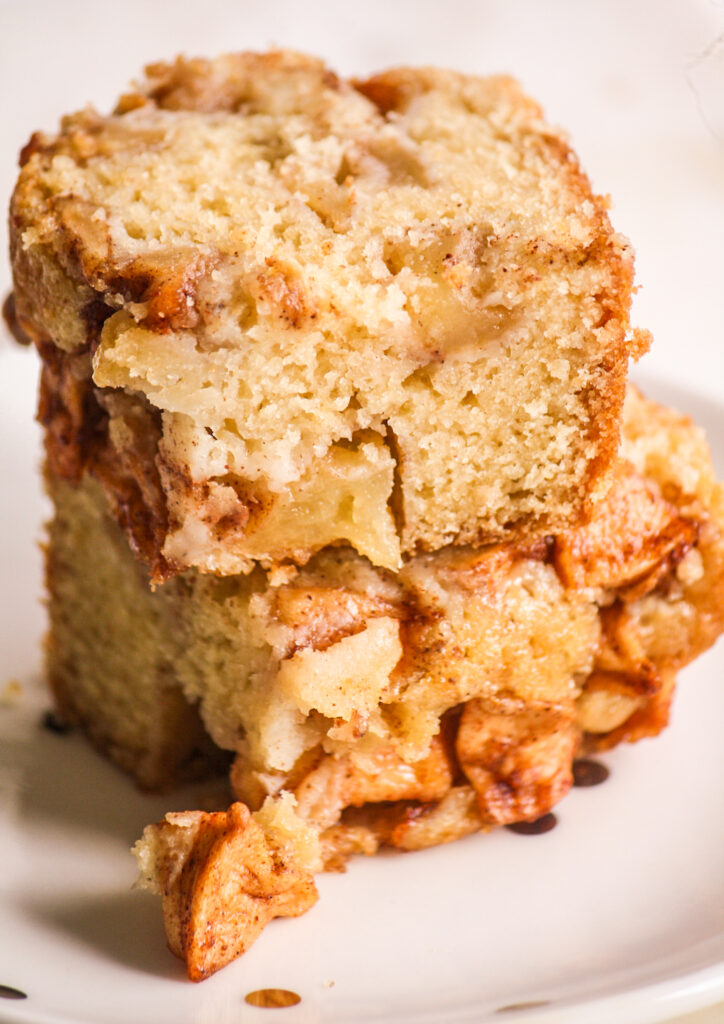 A soft cake layered with apple pieces tossed in cinnamon and sugar