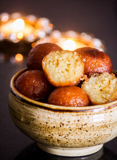 Fried milk powder based dough balls soaked in a saffron and cardamom sugar syrup