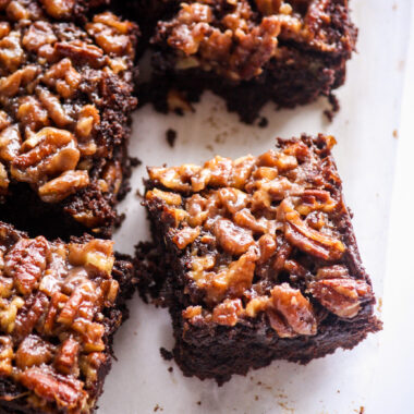 Fudgy dark chocolate brownies with a toasted pecan and caramel layer