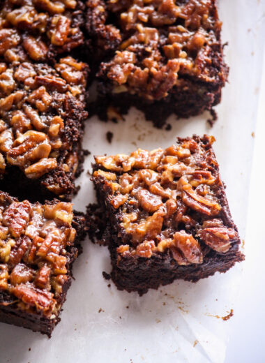 Fudgy dark chocolate brownies with a toasted pecan and caramel layer