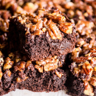Fudgy dark chocolate brownies with a toasted pecan and caramel layer