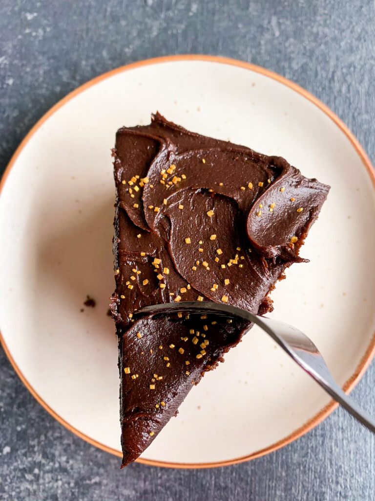 Moist, buttery chocolate cake with a decadent caramel chocolate frosting!