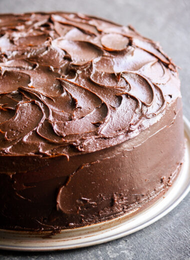 Moist, buttery chocolate cake with a decadent caramel chocolate frosting!