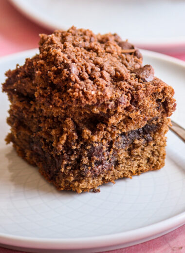 Soft chocolate cake with a cocoa sugar filling, chocolate crumb topping and chocolate chips in every layer!