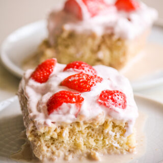 Soft sponge cake soaked in a strawberry milk mixture and topped with strawberry cream