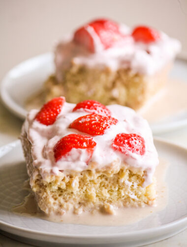 Soft sponge cake soaked in a strawberry milk mixture and topped with strawberry cream