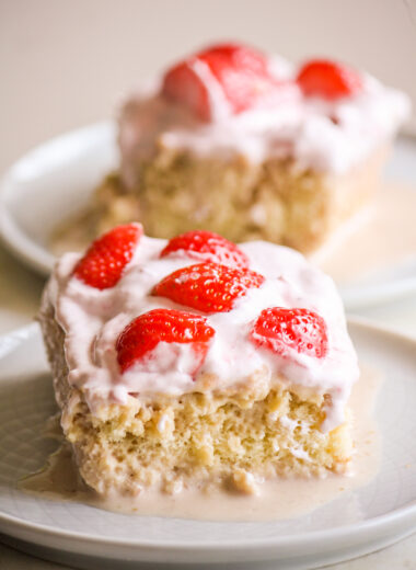 Soft sponge cake soaked in a strawberry milk mixture and topped with strawberry cream