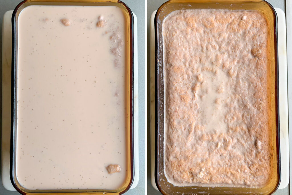 Soft sponge cake soaked in a strawberry milk mixture and topped with strawberry cream