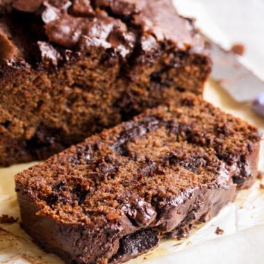 Soft and moist, eggless chocolate banana bread with cocoa and lots of chocolate chunks