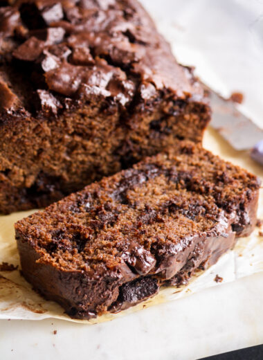 Soft and moist, eggless chocolate banana bread with cocoa and lots of chocolate chunks