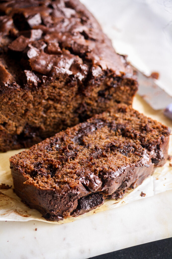 Soft and moist, eggless chocolate banana bread with cocoa and lots of chocolate chunks