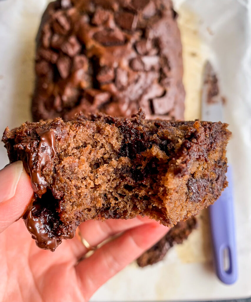 Soft and moist, eggless chocolate banana bread with cocoa and lots of chocolate chunks