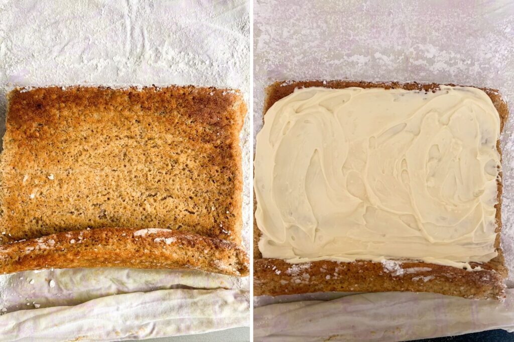 Soft, airy banana sponge cake rolled up with a tangy cream cheese frosting