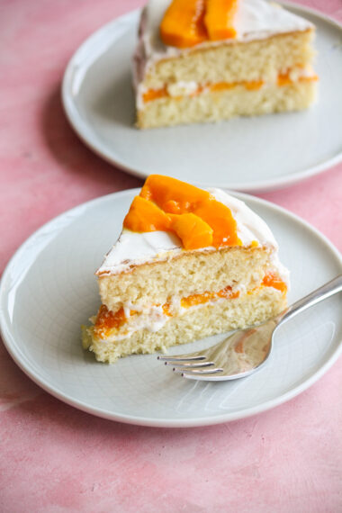 Soft desiccated coconut sponge cake filled with whipped cream and fresh mango