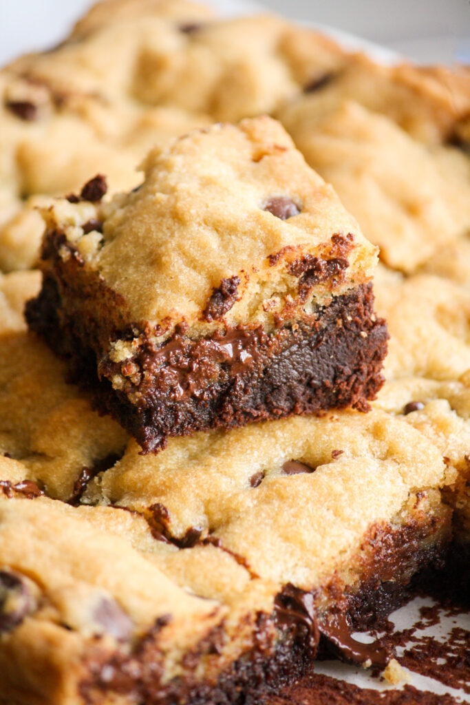 Fudgy brownies and classic chocolate chip cookie dough baked together for a decadent treat!