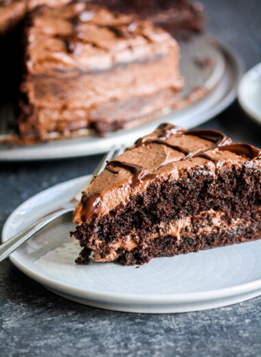 Soft, eggless dark chocolate cake with chocolate chips and a whipped chocolate ganache frosting